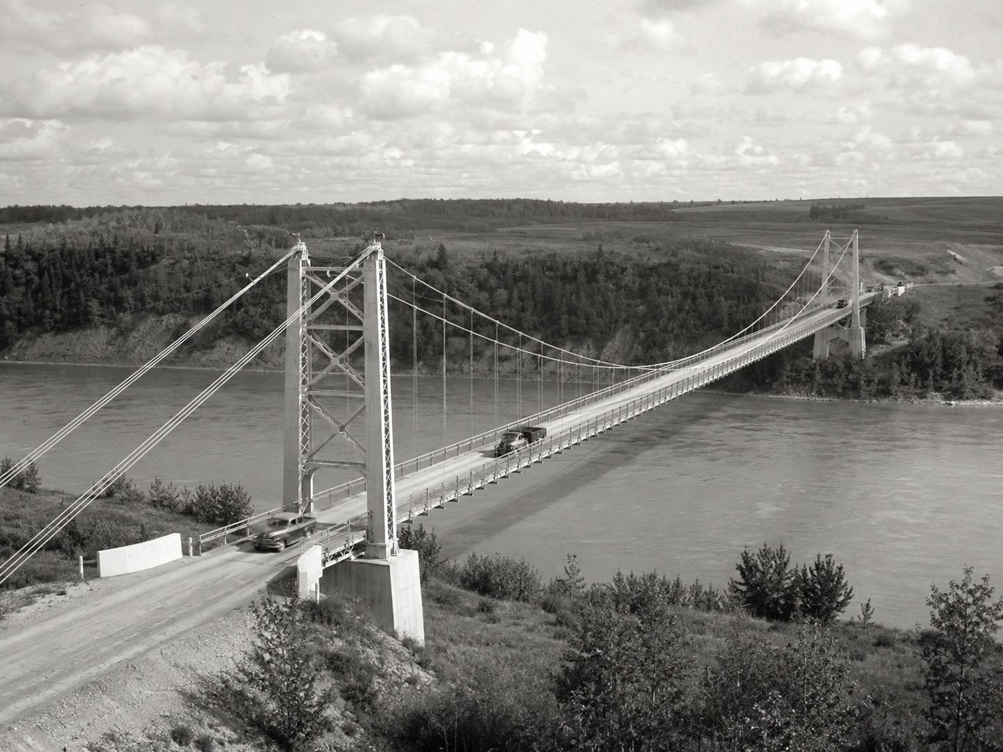 The Dunvegan Suspension Bridge over the Peace River at the historic Fort Dunvegan crossing